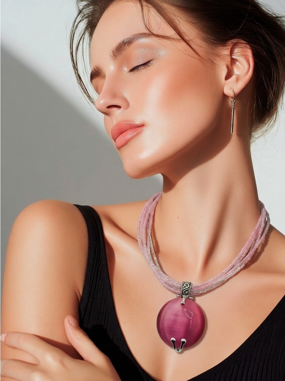 2006 Premier Designs "Katrina" Pink Cat’s Eye Pendant Multi Strand Beads - Picture 2 of 10